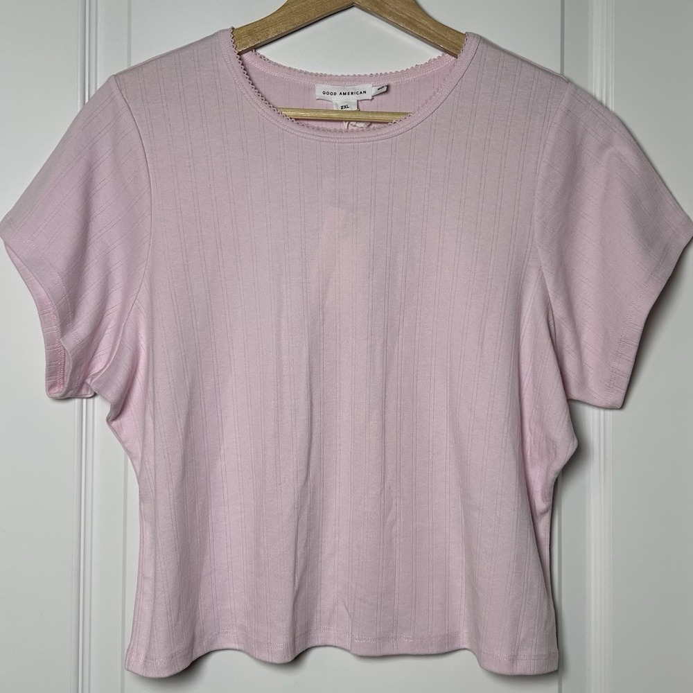 Good American Cotton Candy Pink Boxy Cropped Ribbed Tee Coquette Ballet Style